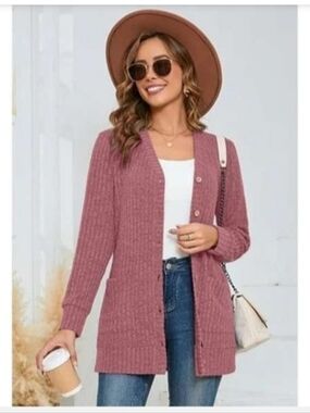 SHOWMALL Women's Ribbed Knit Cardigan Sweater, Dusty Rose V-Neck Button Down 2XL